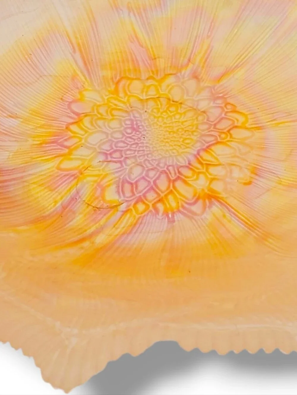 Vintage Iridescent Carnival Glass Bowl Marigold Ruffled Edge Floral 11”